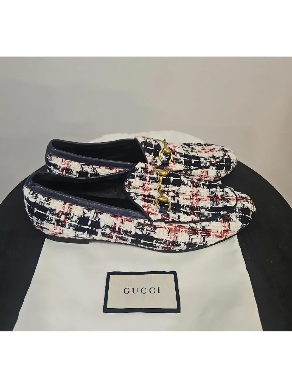Gucci Tweed Horsebit Loafers in Navy, White & Red